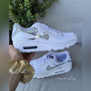 Women's Bling Nike Air Max 90 White Sneakers Shoes made with Swarovski Crystals